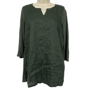 J Jill Love Linen Tunic Top Women Small Forest Green Lightweight Lagenlook Flowy